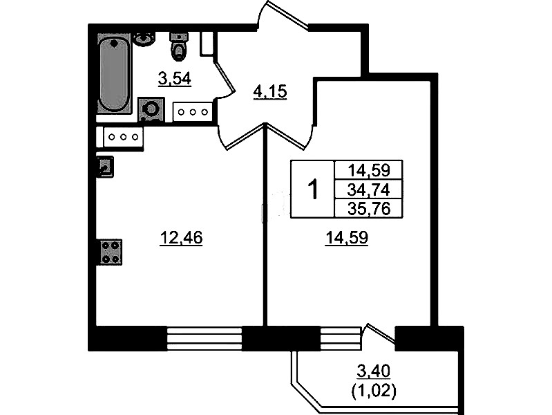 1-комнатная квартира 35.76 м², 19/23 эт., ЖК «Живи! В Рыбацком»
